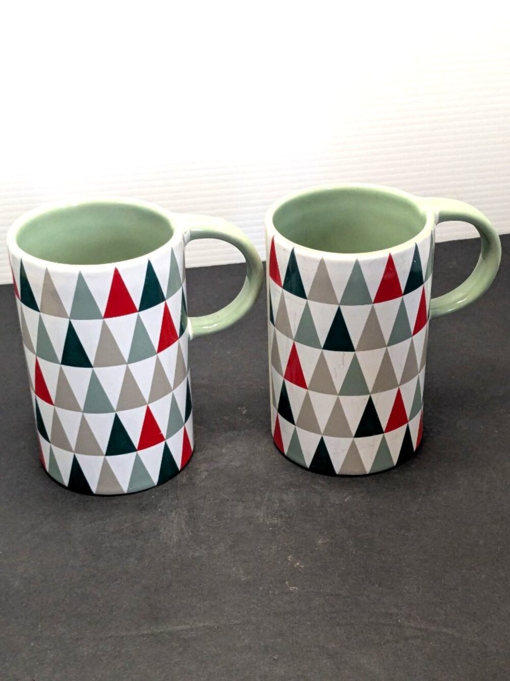 Starbucks Ceramic Mugs Set Of 2 With Green Interior & Geometric Triangle Pattern